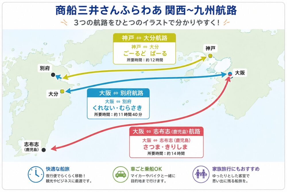 さんふらわあの関西から九州への航路イラスト