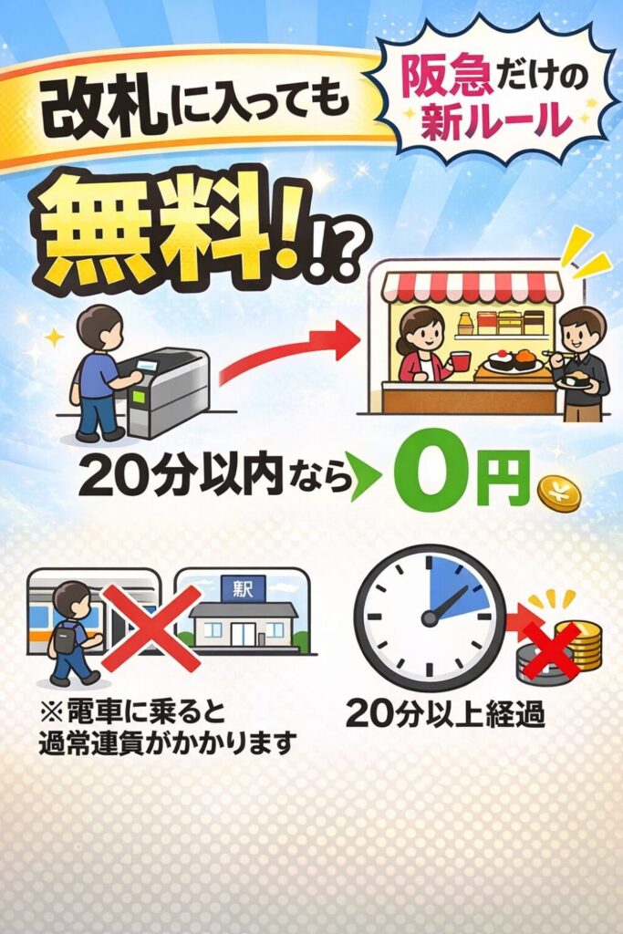 【知らないと損】阪急だけ！改札に入っても無料になる20分ルールとは？