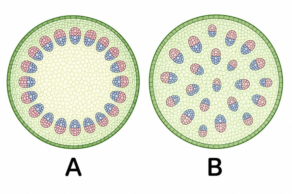 単子葉類と双子葉類の茎の断面を比べる図
