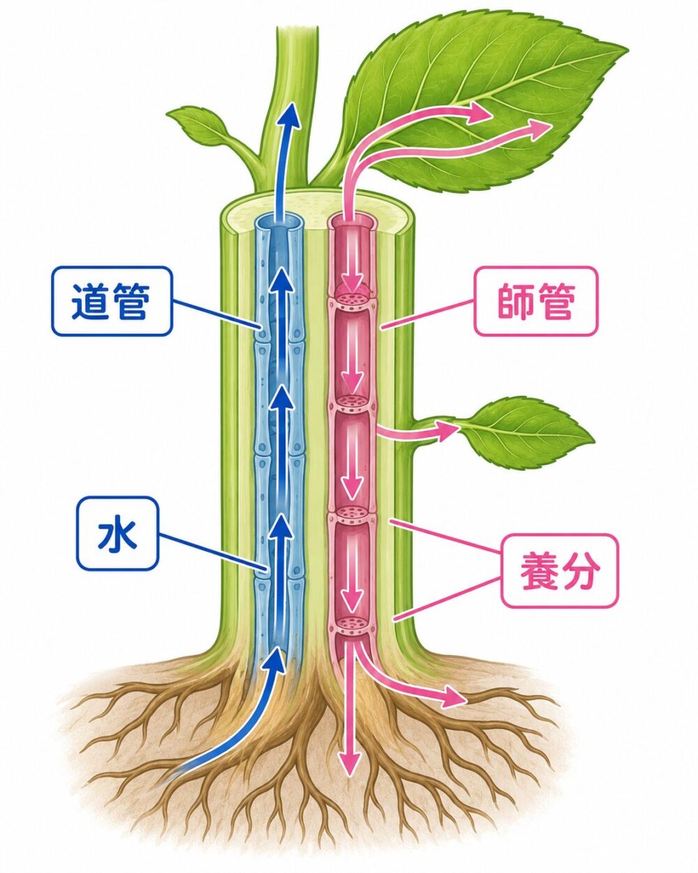道管と師管を通るものを示す図