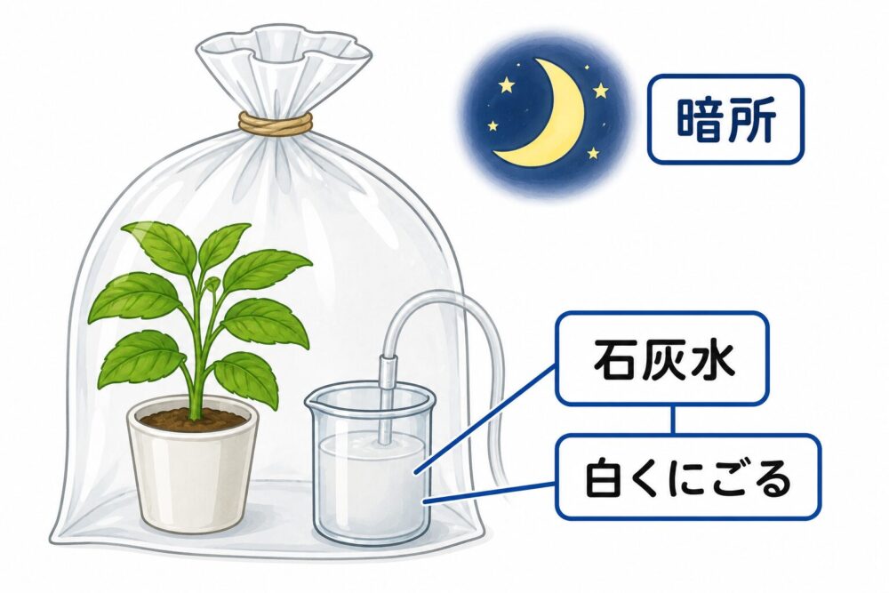 植物の呼吸で石灰水が白くにごる実験の図
