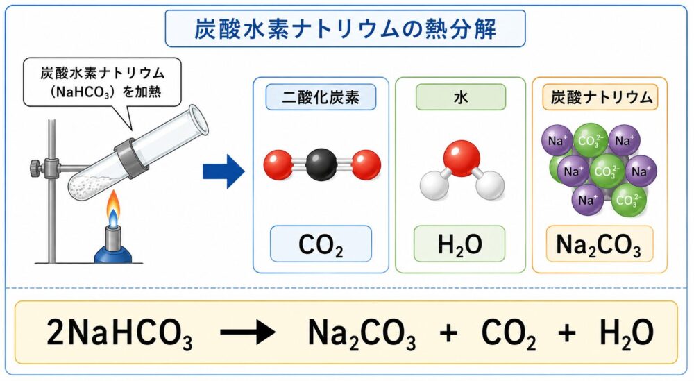 炭酸水素ナトリウムの熱分解を化学反応式で表す図