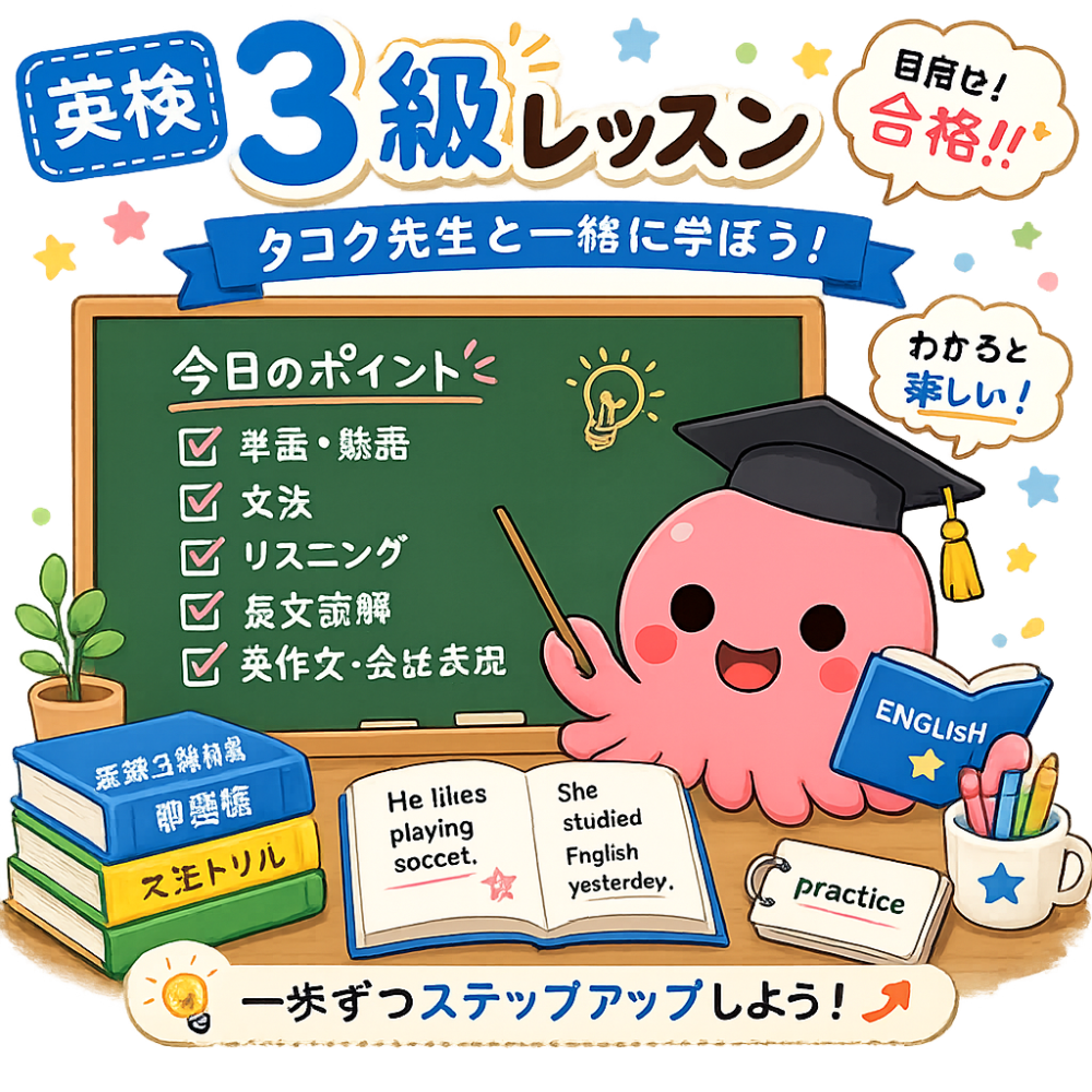 英検3級を学ぶタコタ先生