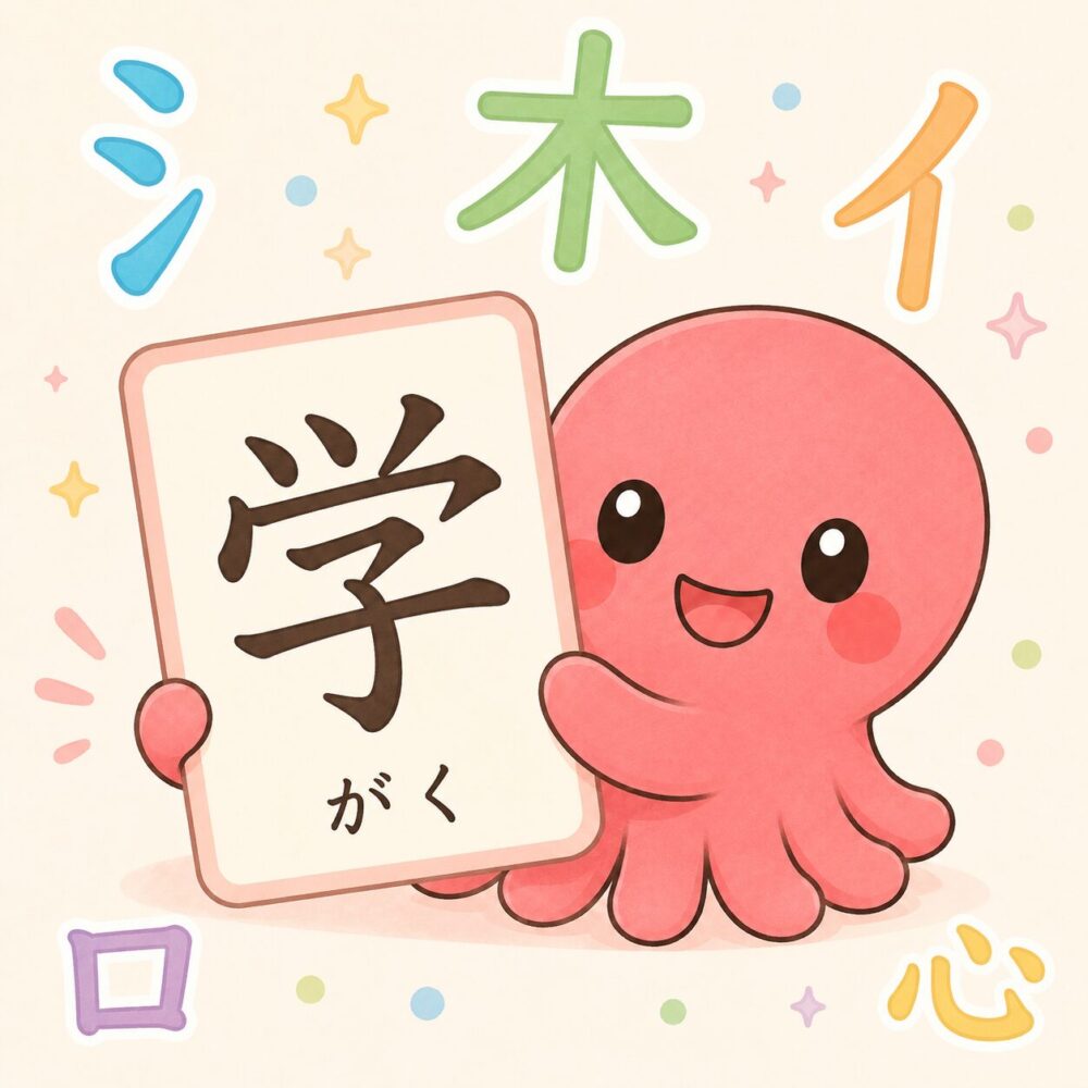 漢字カードを持って部首を教えるタコタ