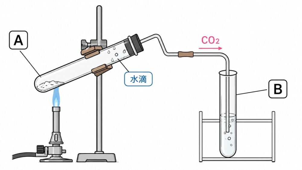 炭酸水素ナトリウムを加熱して発生した気体を石灰水に通す実験装置