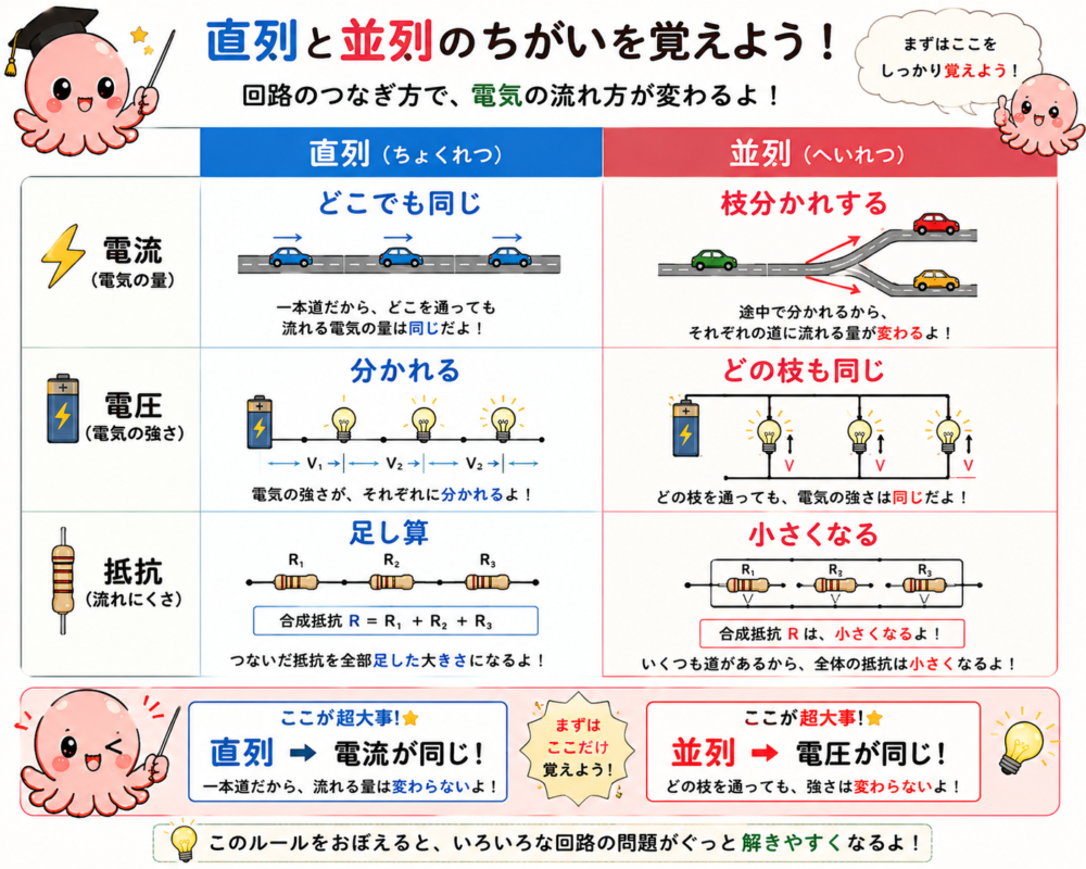 直列回路と並列回路の違いを説明する図