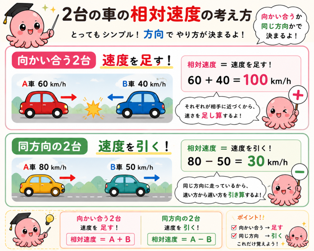 2台の車の相対速度。向かい合う2台は速度を足し、同じ方向の2台は速度を引くことを説明する図