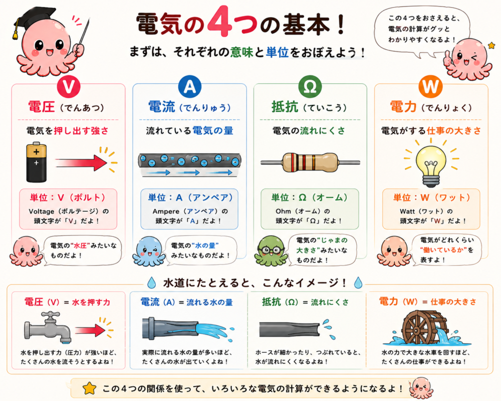 電圧V、電流A、抵抗Ω、電力Wの意味を説明する図