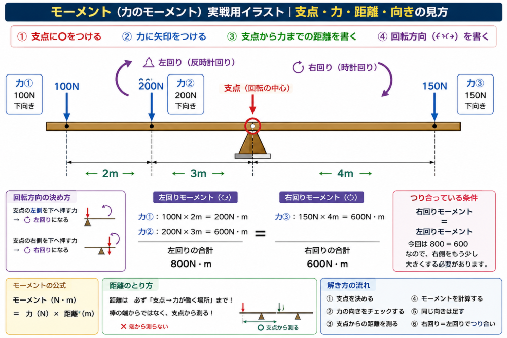 モーメント問題の支点・力・距離・回転方向の見方