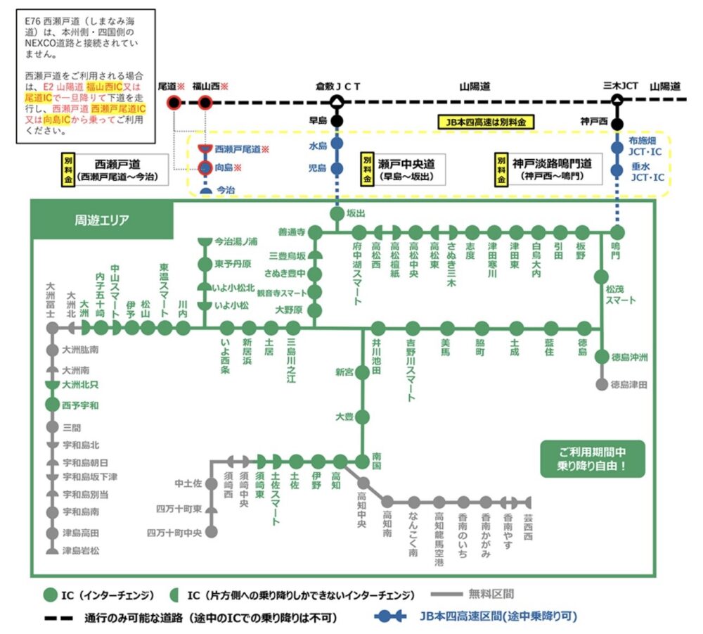 四国まるごとドライブパスの四国内乗り放題対象エリアと本四高速の別料金区間