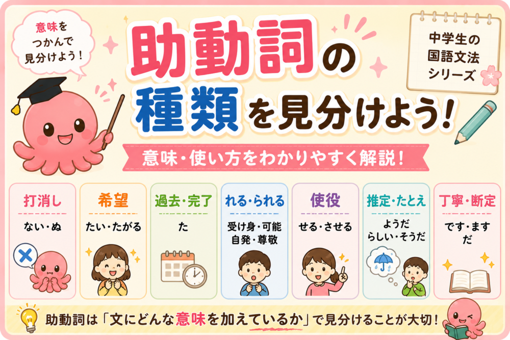 助動詞の種類と意味をタコタと学ぶ中学生向け国語文法教材