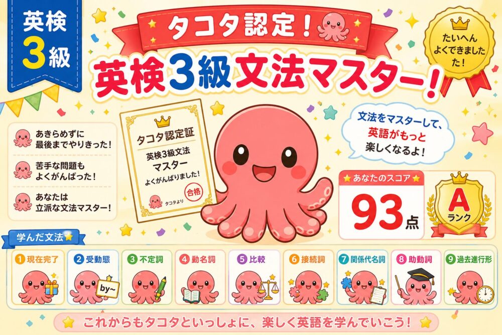 タコタ認定 英検3級文法マスター 総まとめクイズ100問の認定証画像