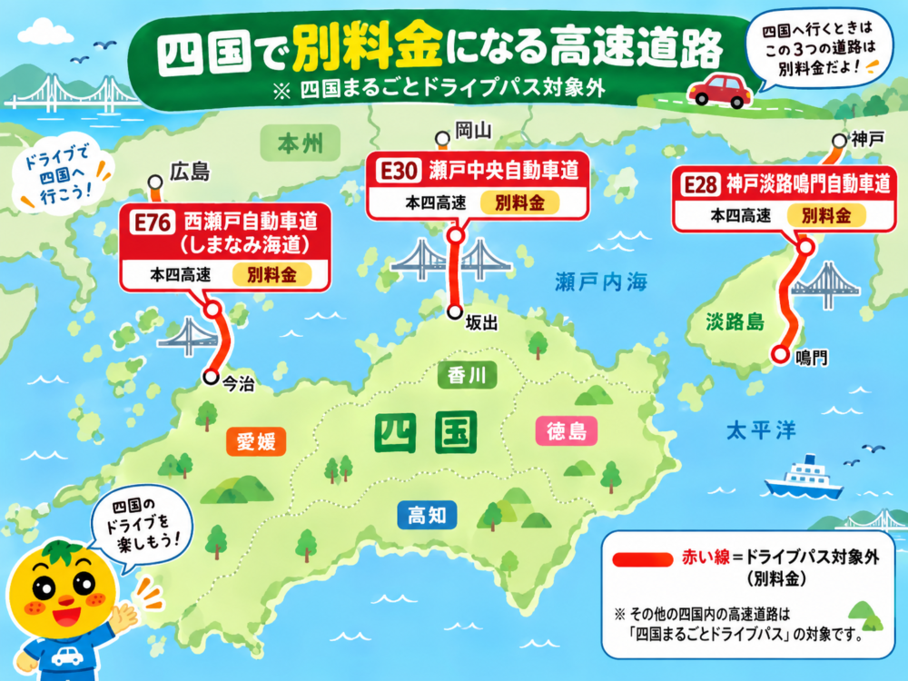 四国まるごとドライブパス対象外のE28・E30・E76本四高速マップ