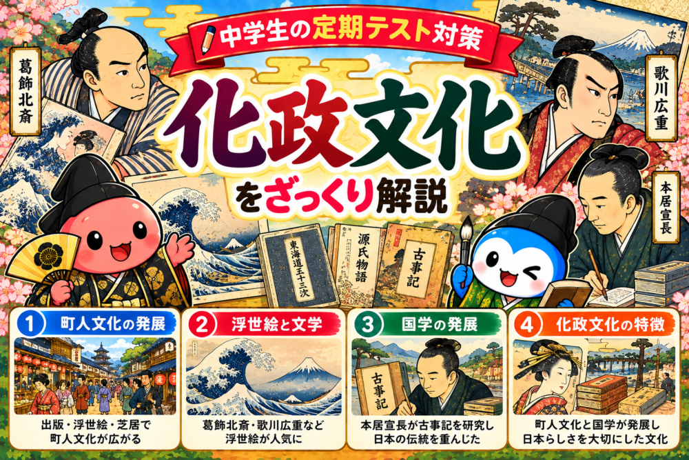 化政文化をざっくり解説。北斎・広重・本居宣長と町人文化の学習イラスト