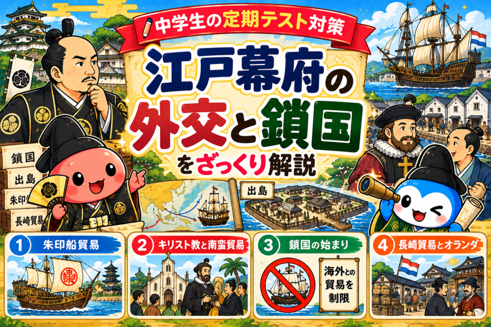 江戸幕府の外交と鎖国。朱印船貿易、出島、四つの窓口の学習イラスト